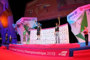 Sean McColl on the podium at the 2012 world climbing championship in Paris