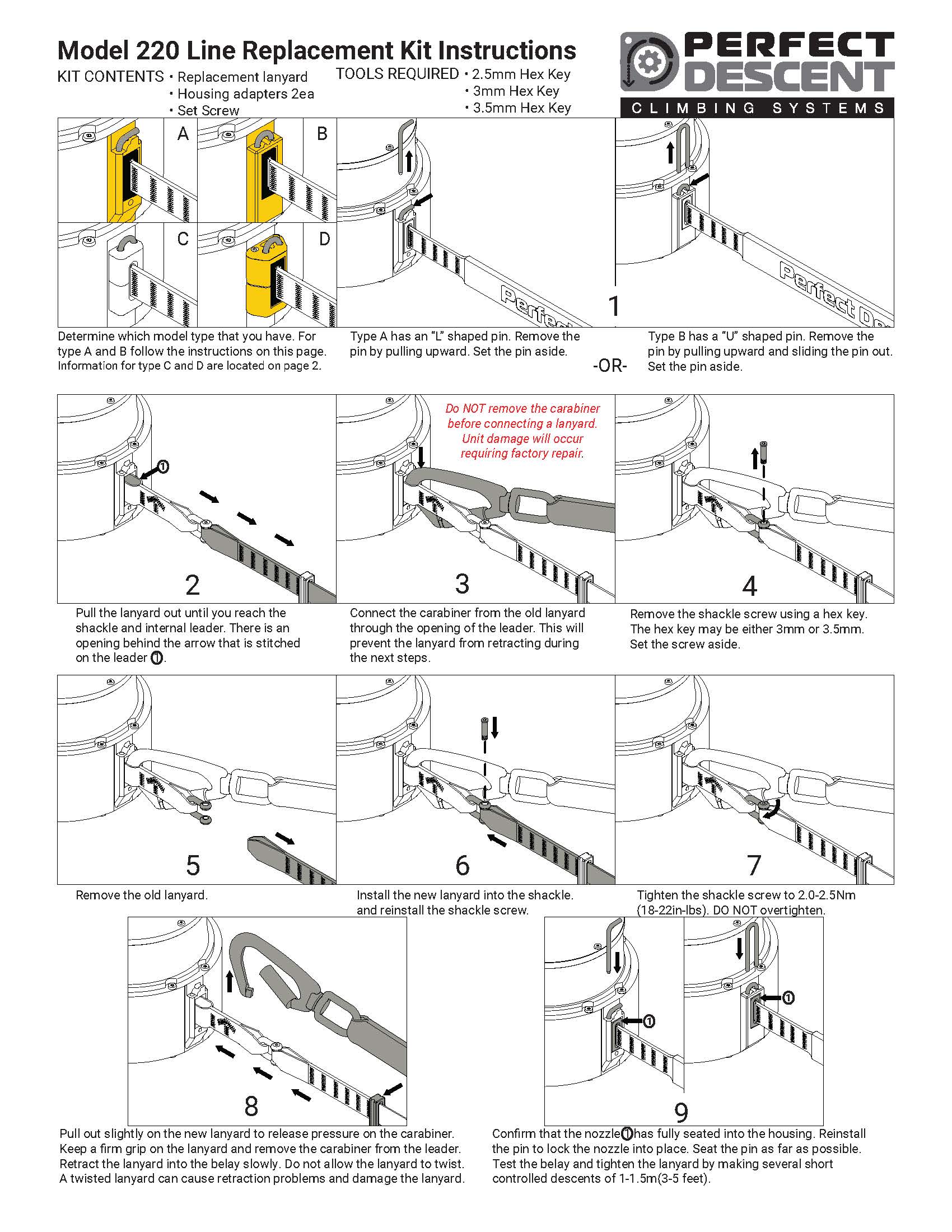 EN Perfect Descent Auto Belay Replacement Lanyard Instructions - Direct Drive Speed Drive - Model 220 - Rev 03-2019 Cover