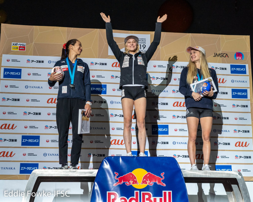 2019 IFSC World Climbing Championship men's medalists on podium