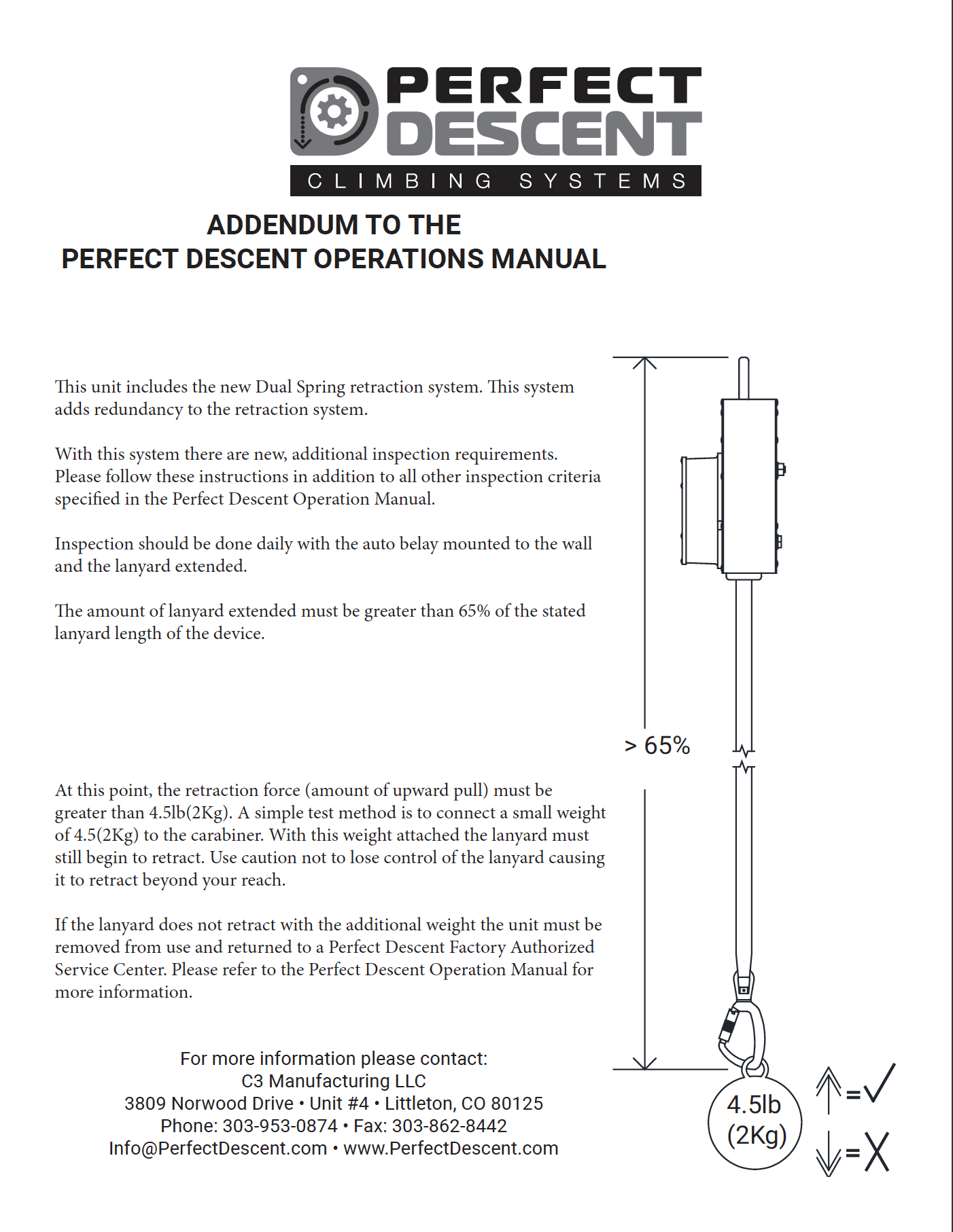 Perfect Descent Auto Belay Twin Spring Inspection Addendum – English