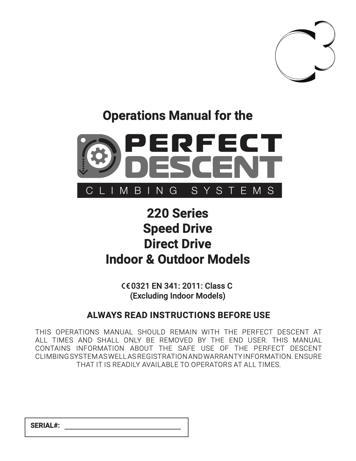 Cover page of the Perfect Descent 220 Series Auto Belay Operations Manual