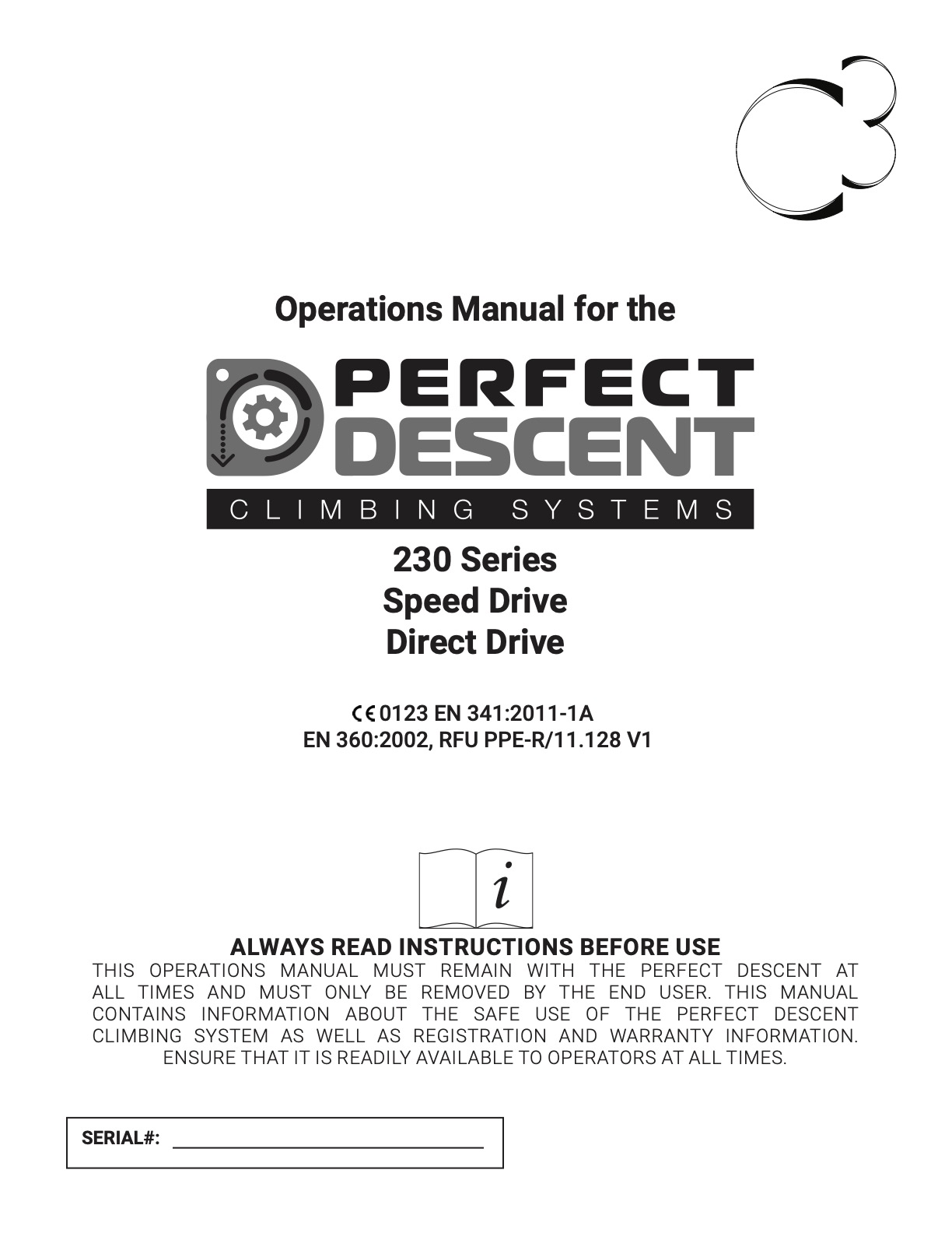 Cover page of the Perfect DEscent 230 Series Auto Belay Operations Manual